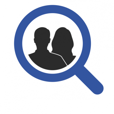 Icon blaue Lupe mit Frau und Mann